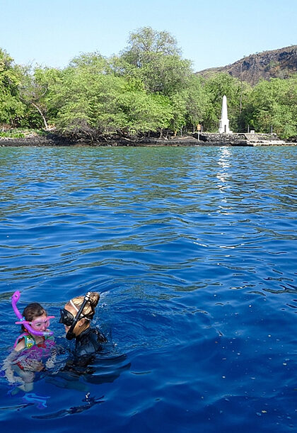 The Captain Cook monument at Kealakekua Bay in Hawaii.